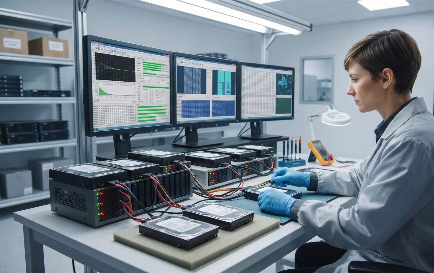 A data recovery engineer imaging RAID server drives in a professional lab