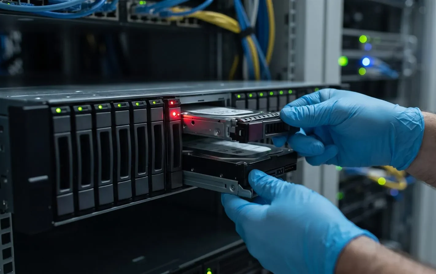 A close-up of RAID server drives being inspected for failure