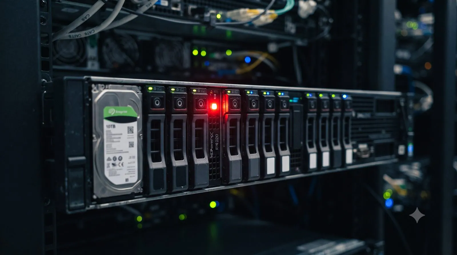 A RAID server with multiple hard drives, one showing a failure indicator