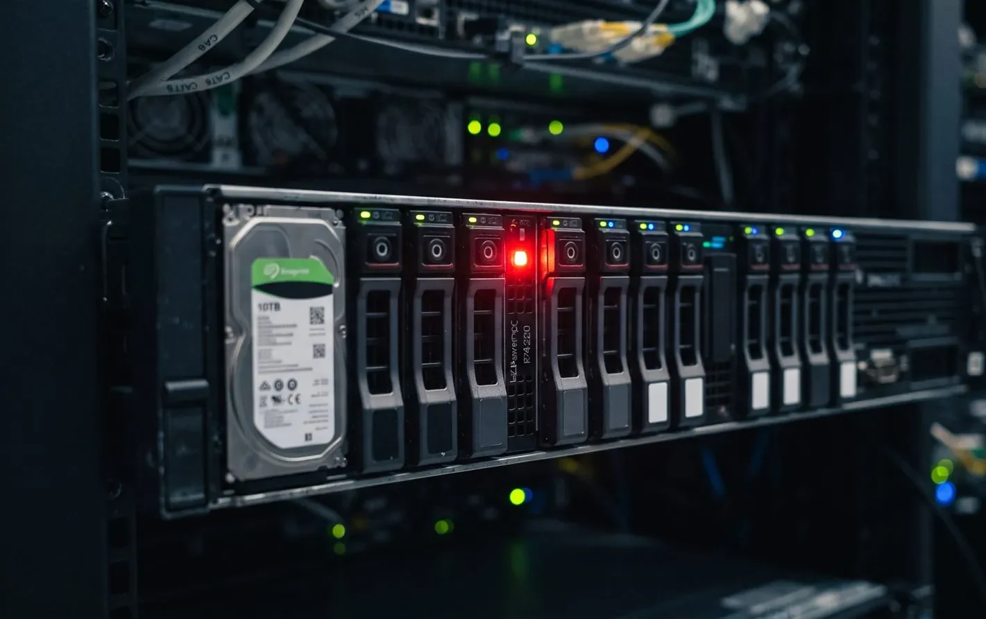 A RAID server with multiple hard drives, one showing a failure indicator