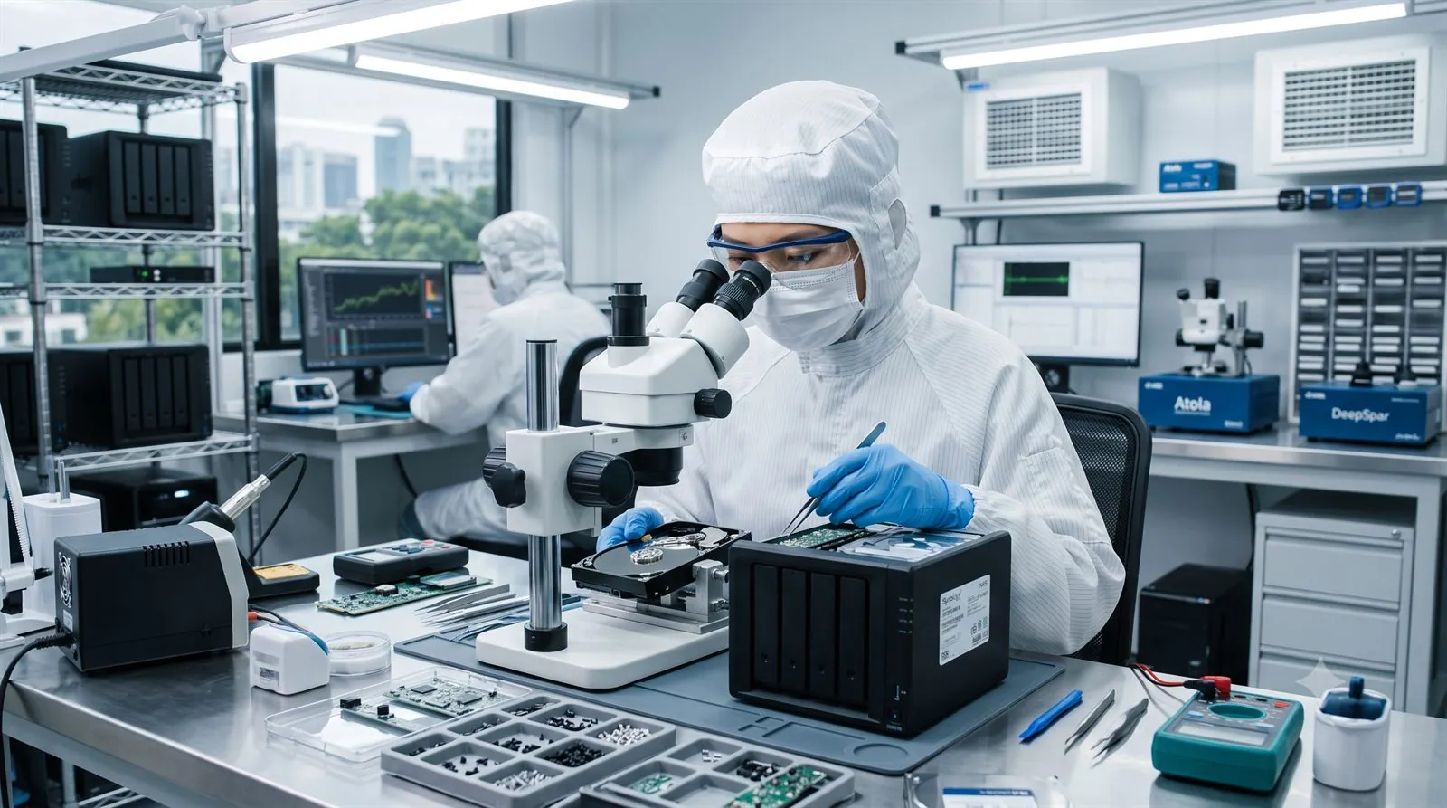 A data recovery engineer working on NAS hard drives in a professional lab