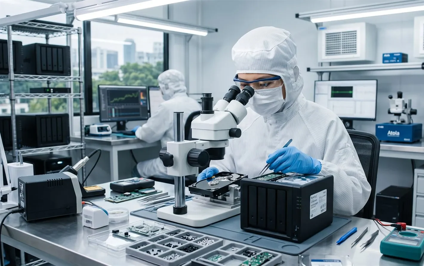 A data recovery engineer working on NAS hard drives in a professional lab