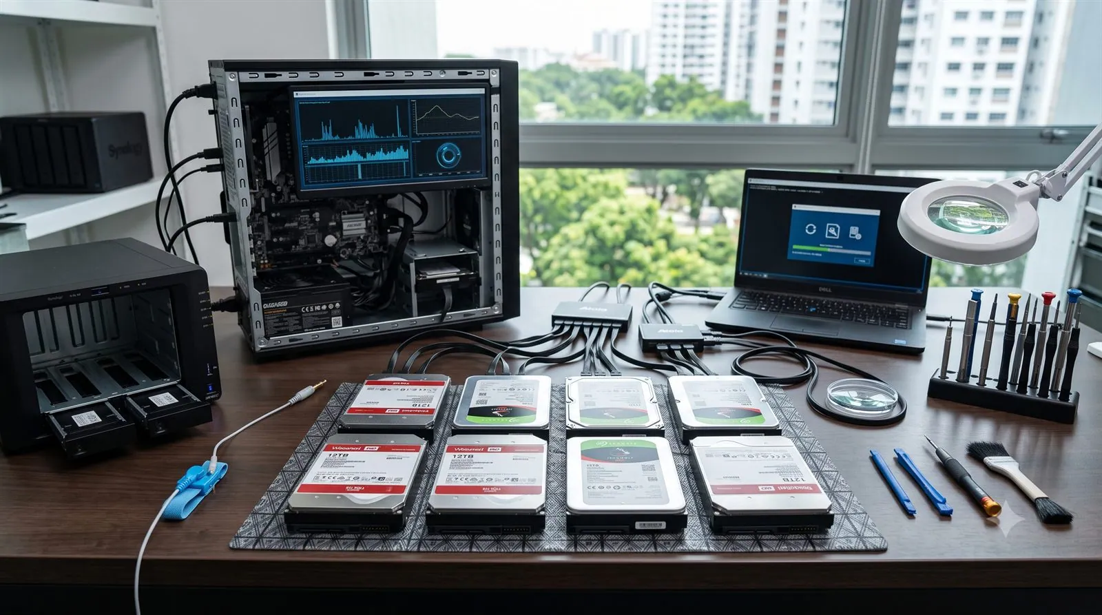 NAS hard drives removed from the unit and connected to a computer for data recovery