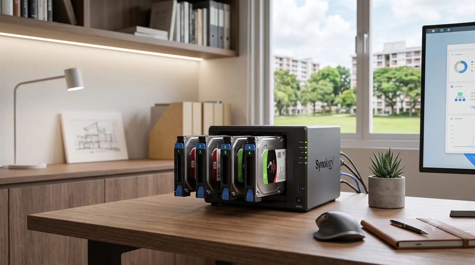A NAS network storage device with several hard drives on a desk