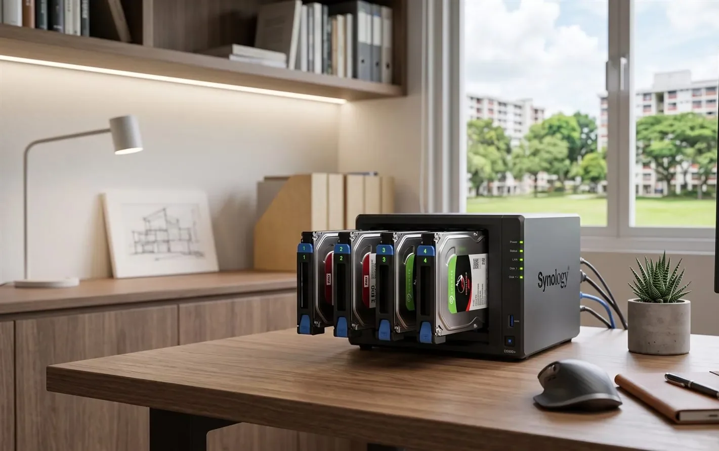 A NAS network storage device with several hard drives on a desk
