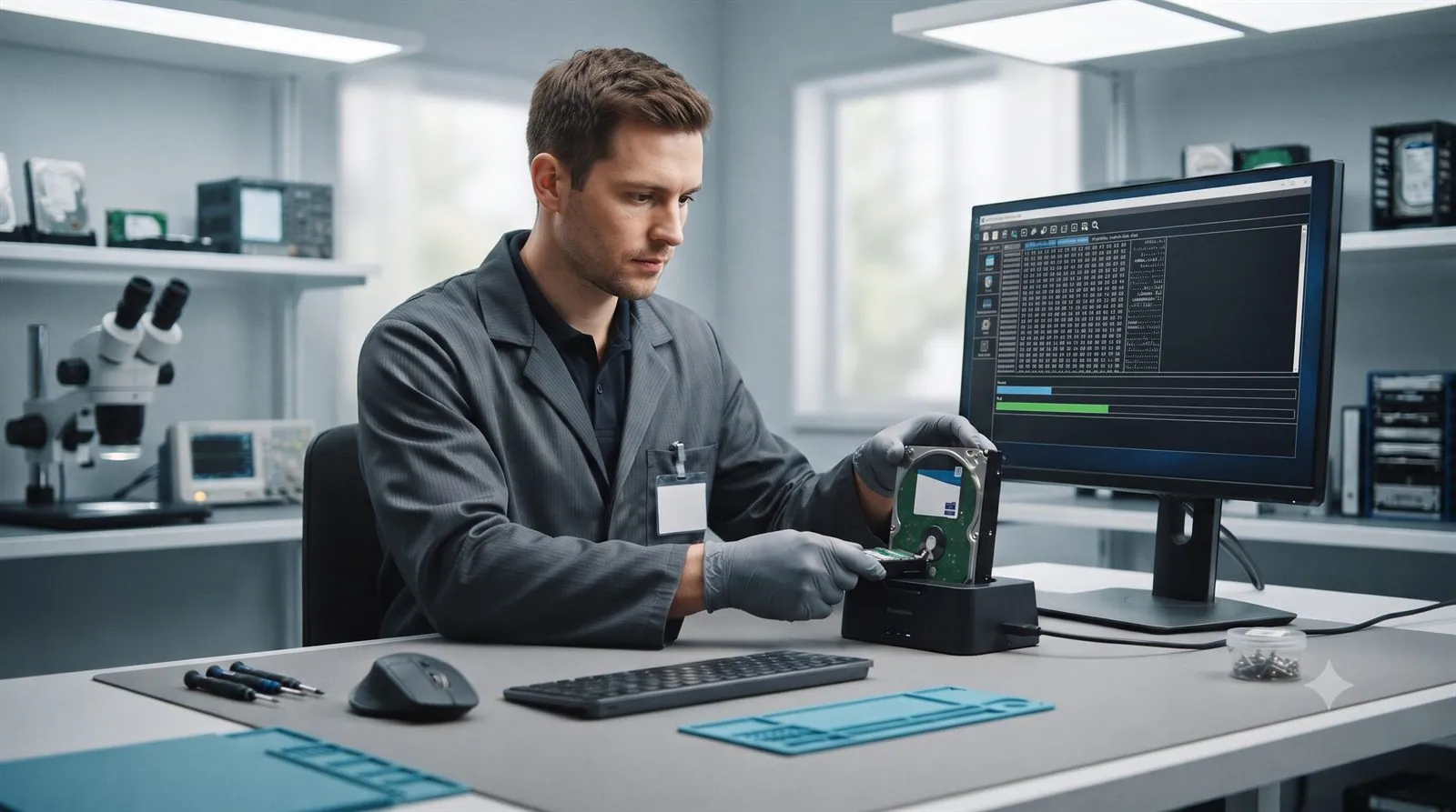 A data recovery engineer working on a Windows PC drive in a lab