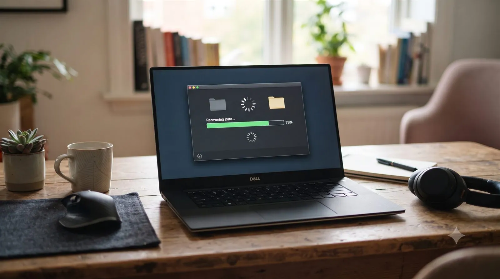 A Windows laptop showing a file recovery in progress