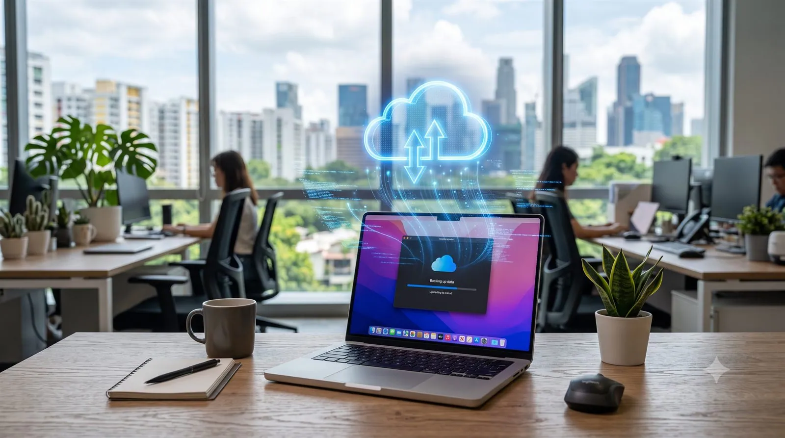 A laptop backing up data to the cloud, represented by a glowing cloud icon