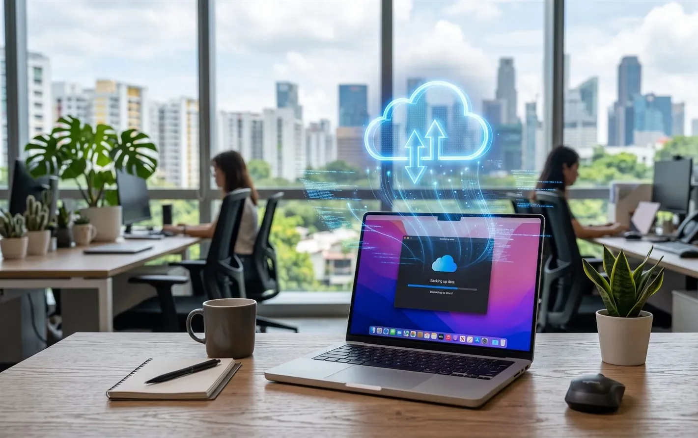 A laptop backing up data to the cloud, represented by a glowing cloud icon
