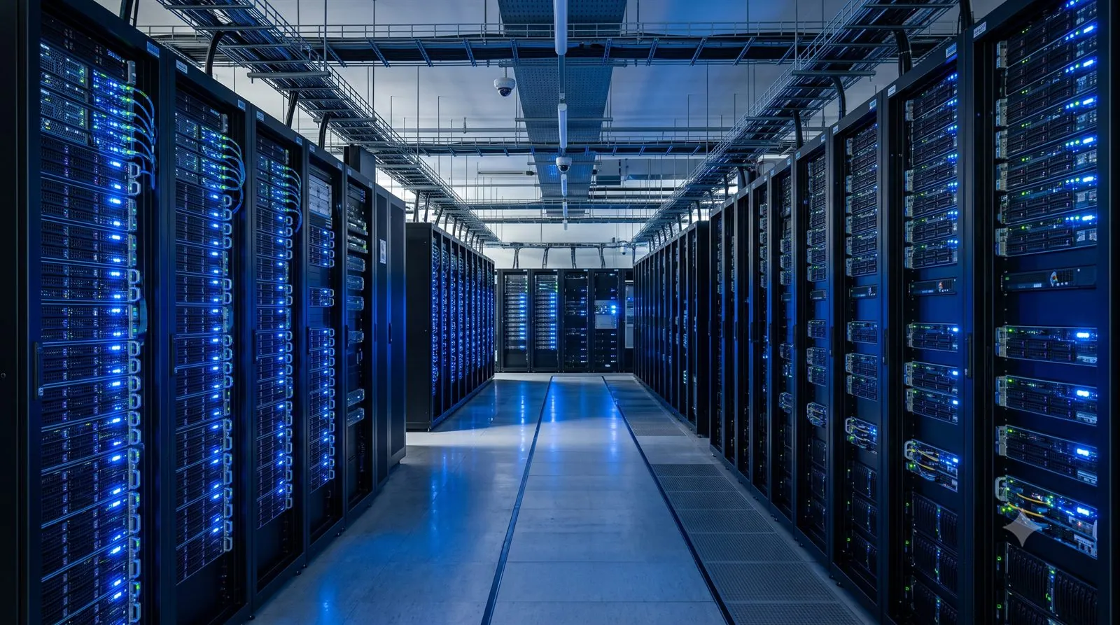 Server racks in a secure data centre representing cloud backup storage