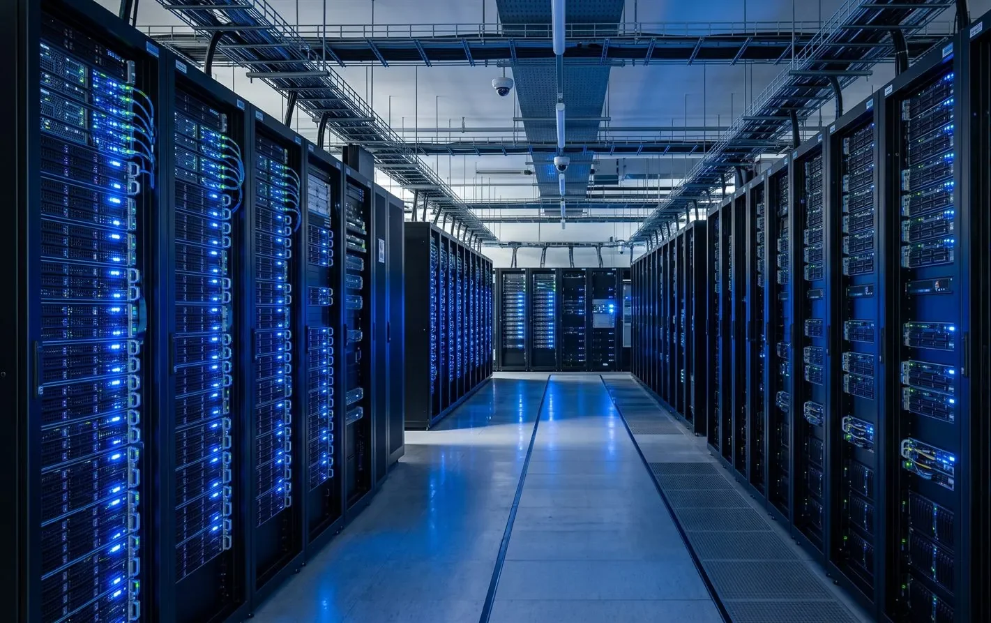 Server racks in a secure data centre representing cloud backup storage