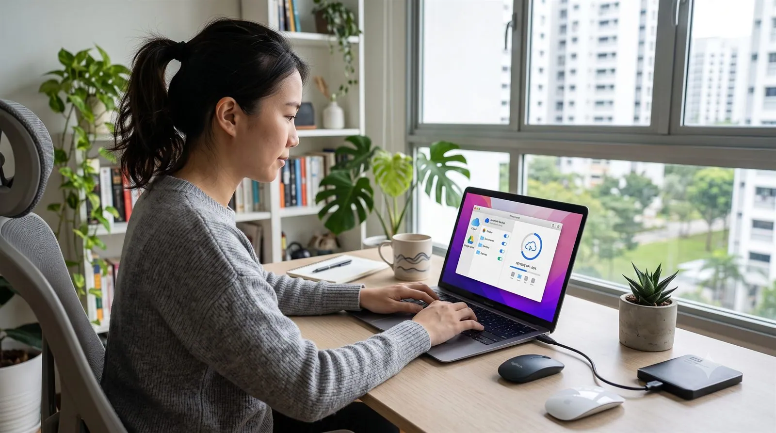 A person setting up an automatic cloud backup on a laptop