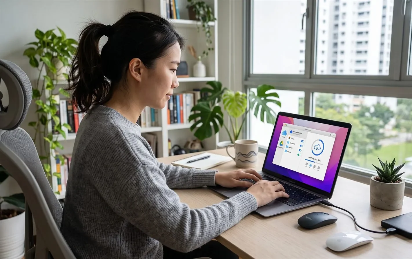 A person setting up an automatic cloud backup on a laptop