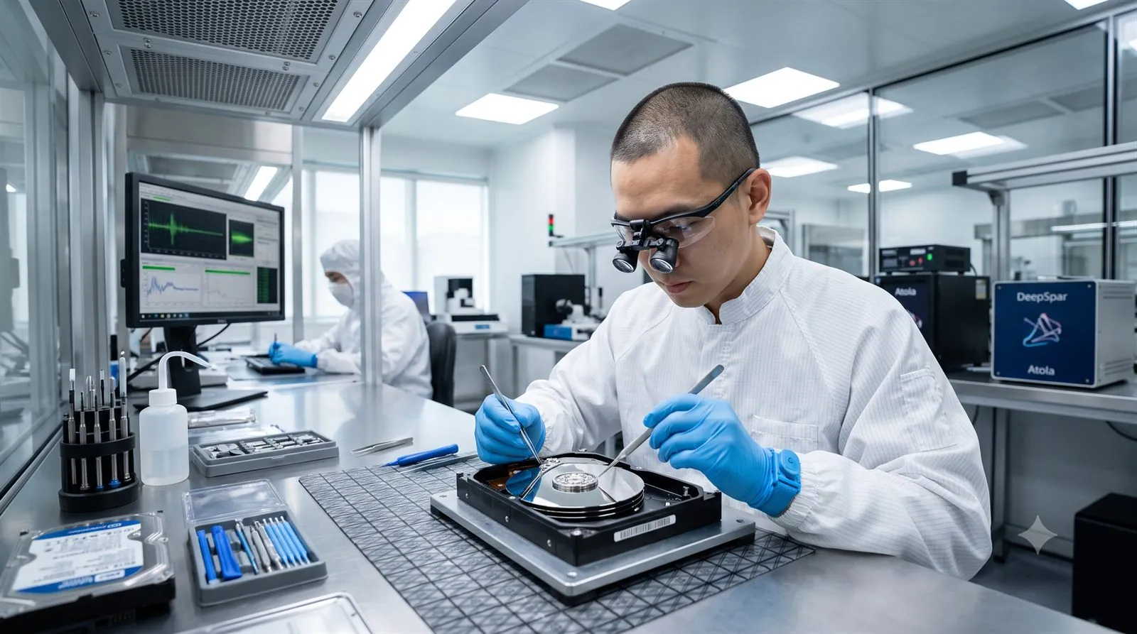 A data recovery engineer working on an opened hard drive in a cleanroom lab