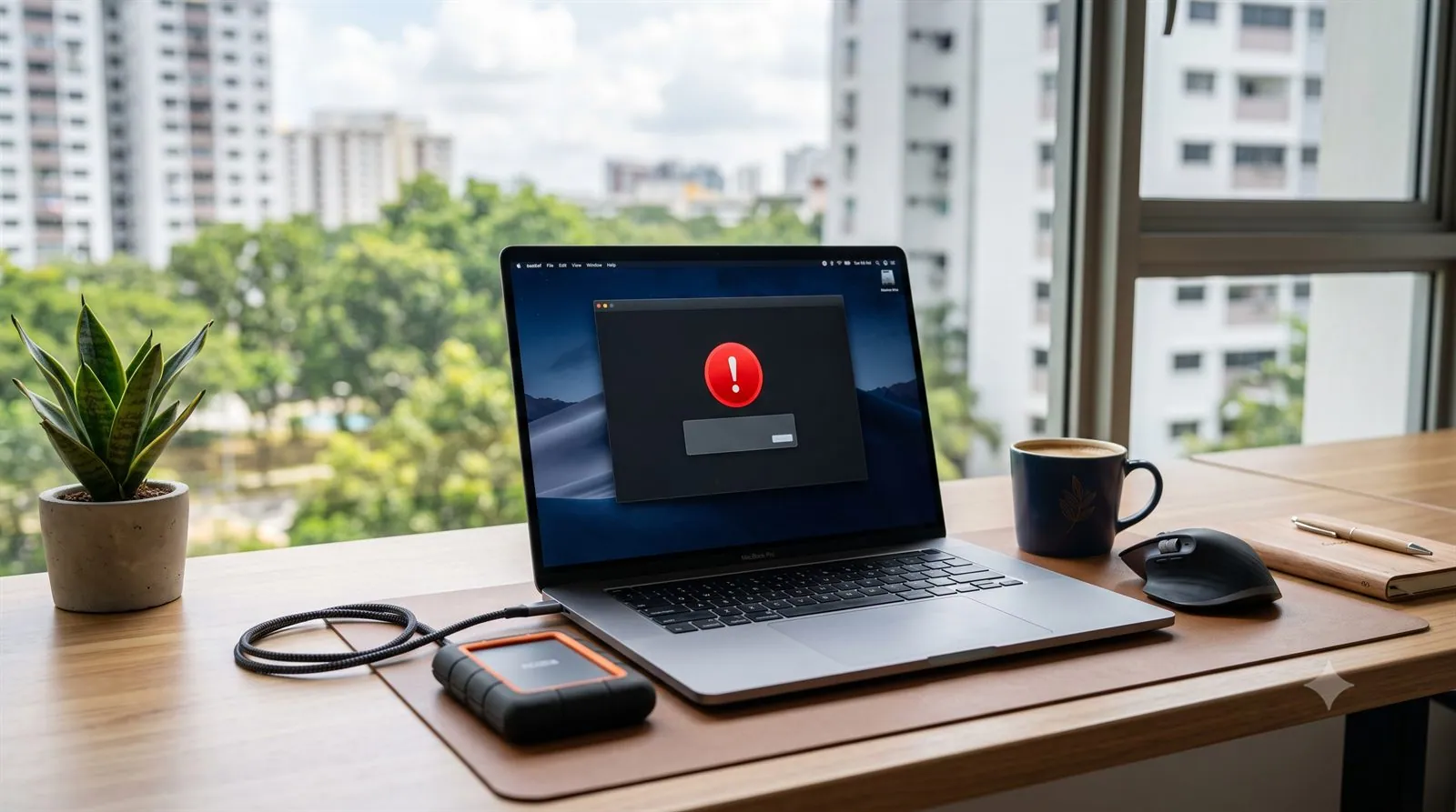 A hard drive connected to a laptop showing a disk error warning on screen