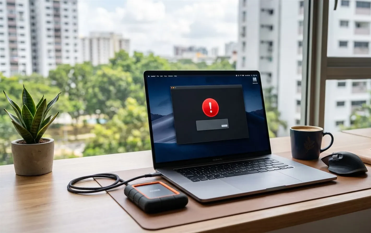 A hard drive connected to a laptop showing a disk error warning on screen