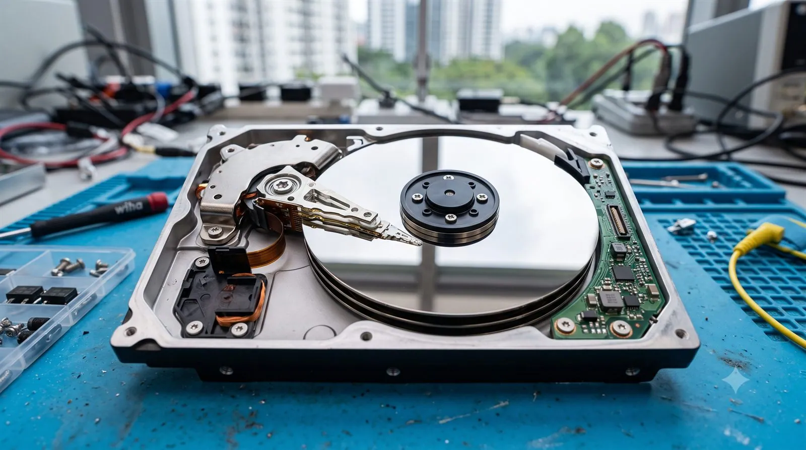 A close-up of an internal hard drive with its cover off showing the platters