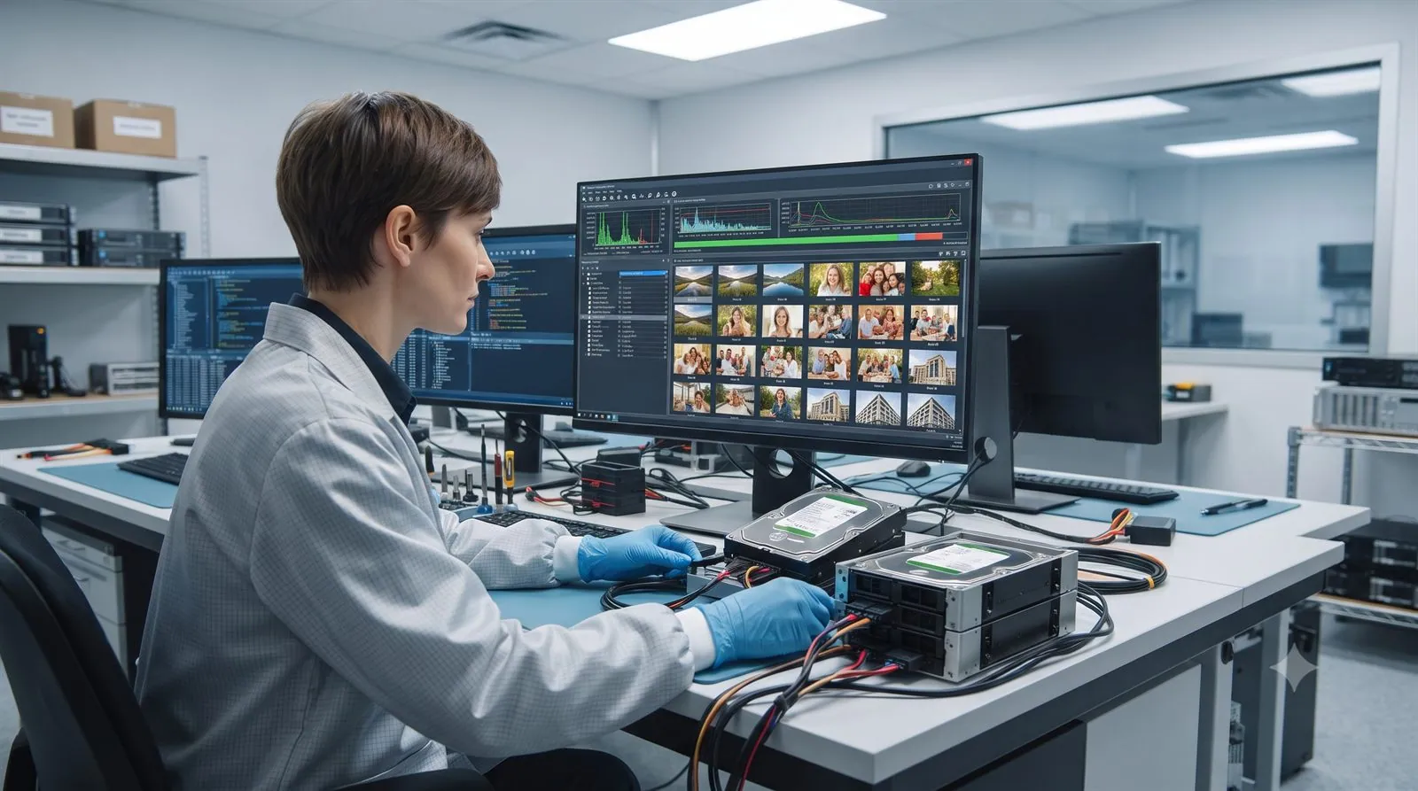 A data recovery engineer retrieving photos from a drive in a lab
