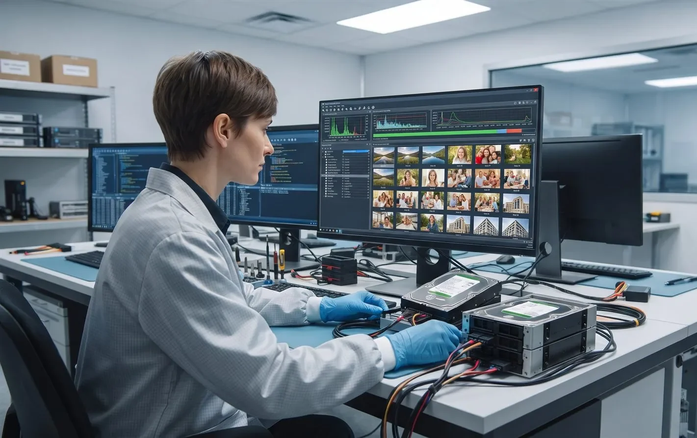 A data recovery engineer retrieving photos from a drive in a lab