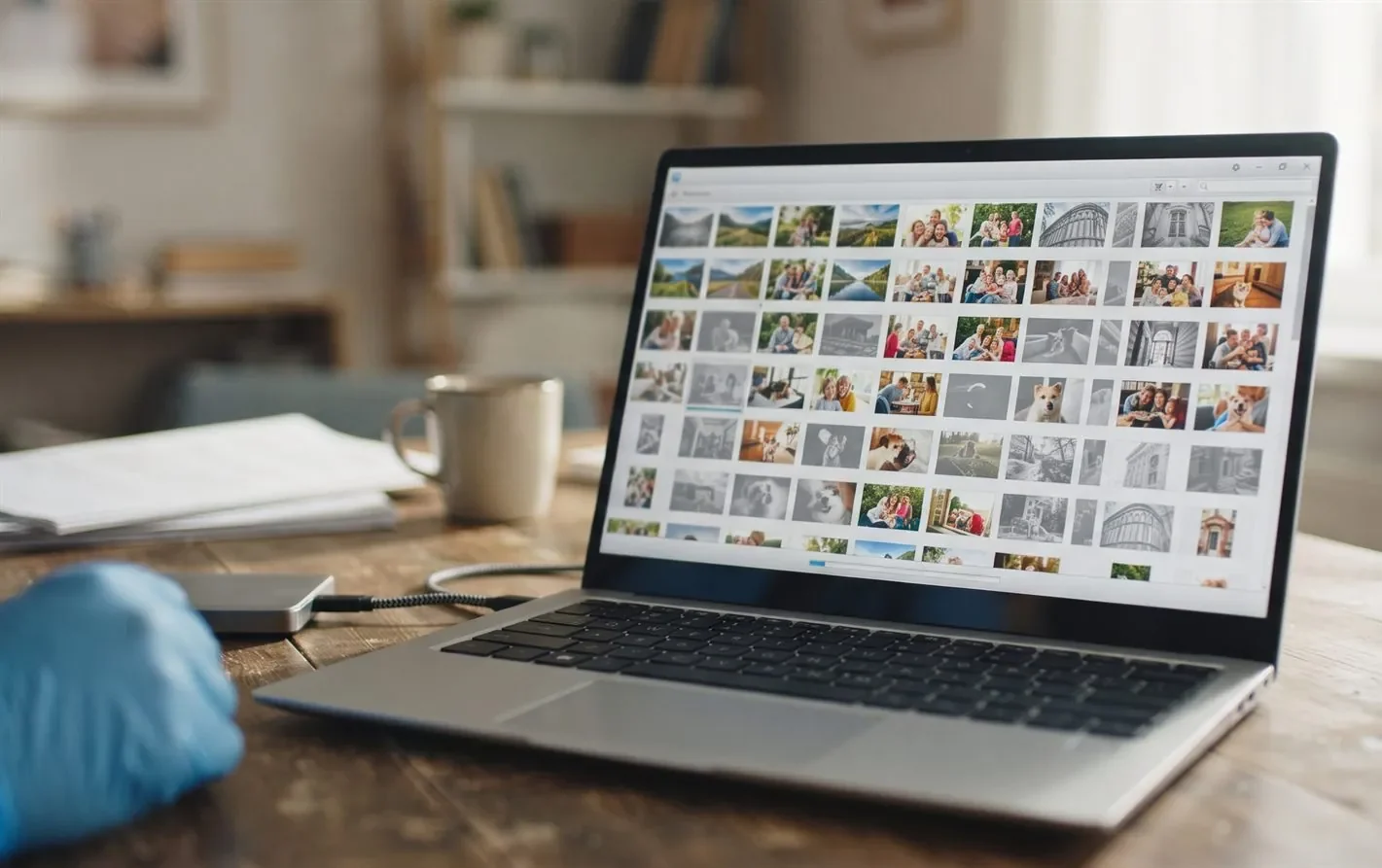 A laptop screen showing a photo gallery being recovered