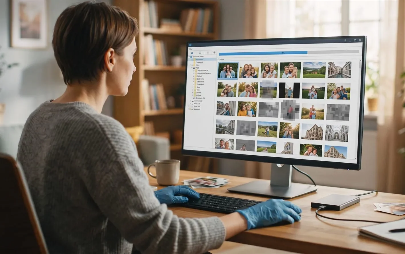 A person running photo recovery software on a computer to scan a drive