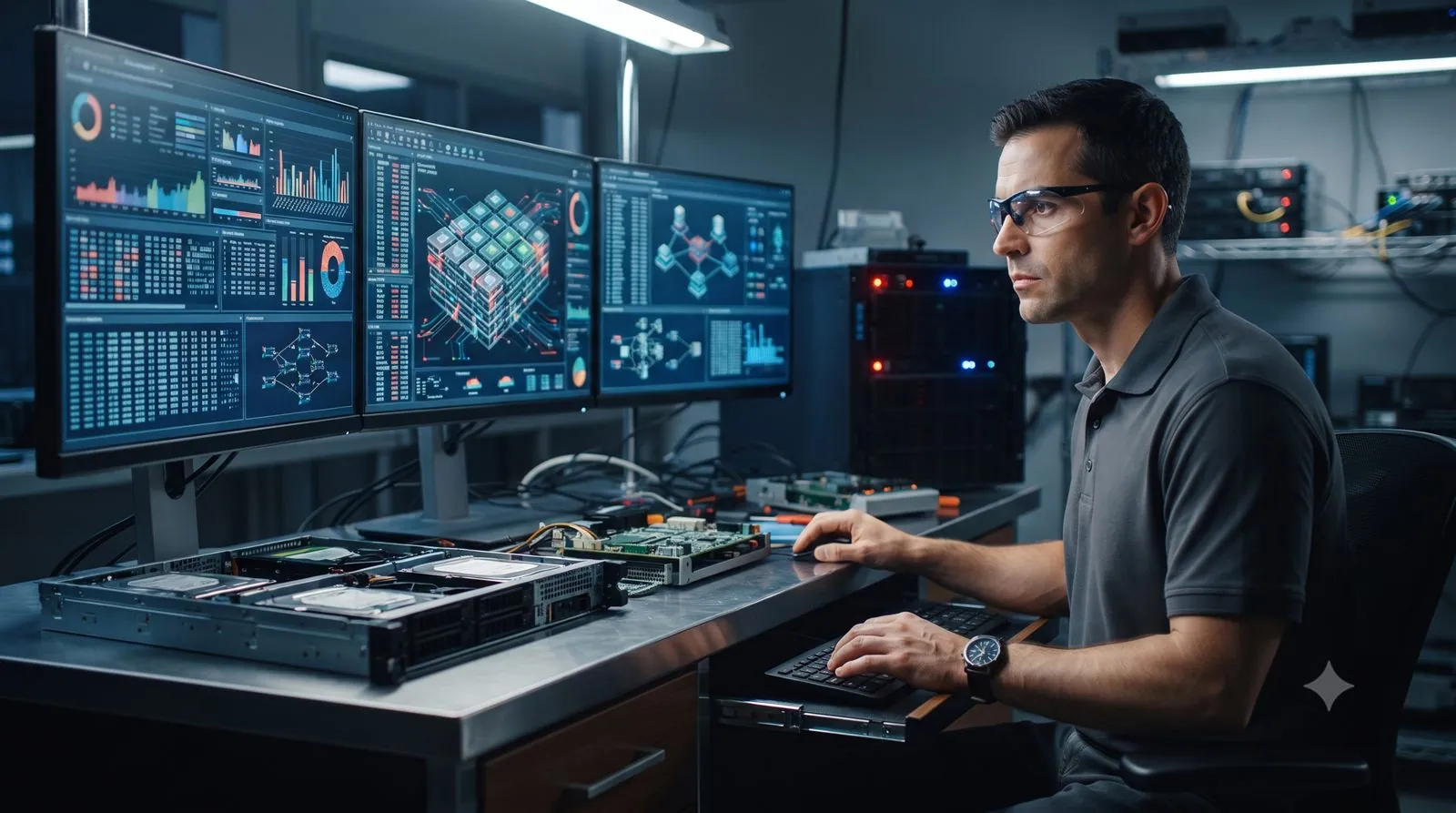 A data recovery engineer analysing an affected server in a lab