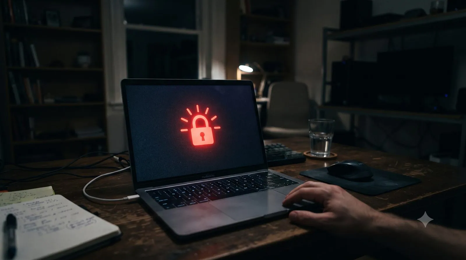 A laptop screen showing a warning about locked or encrypted files
