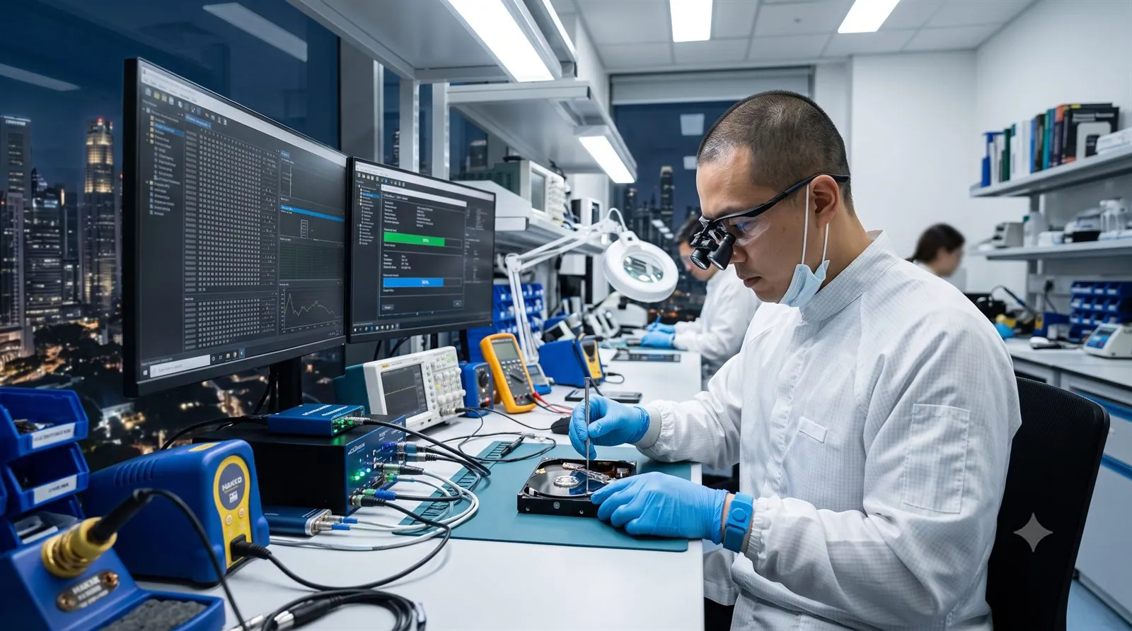 A data recovery engineer imaging a hard drive on specialist equipment in a lab