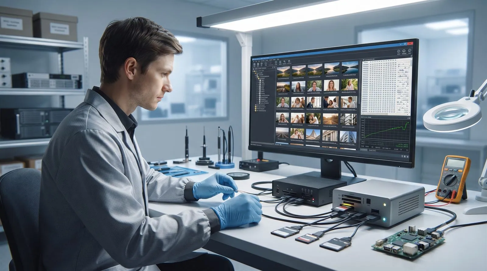 A data recovery engineer recovering media files from a memory card in a lab