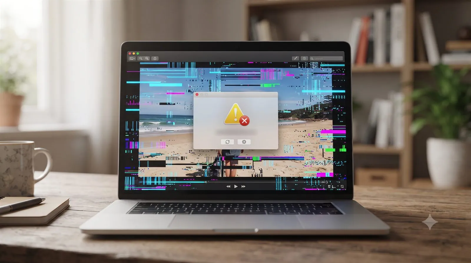 A laptop showing a video file with a playback error message