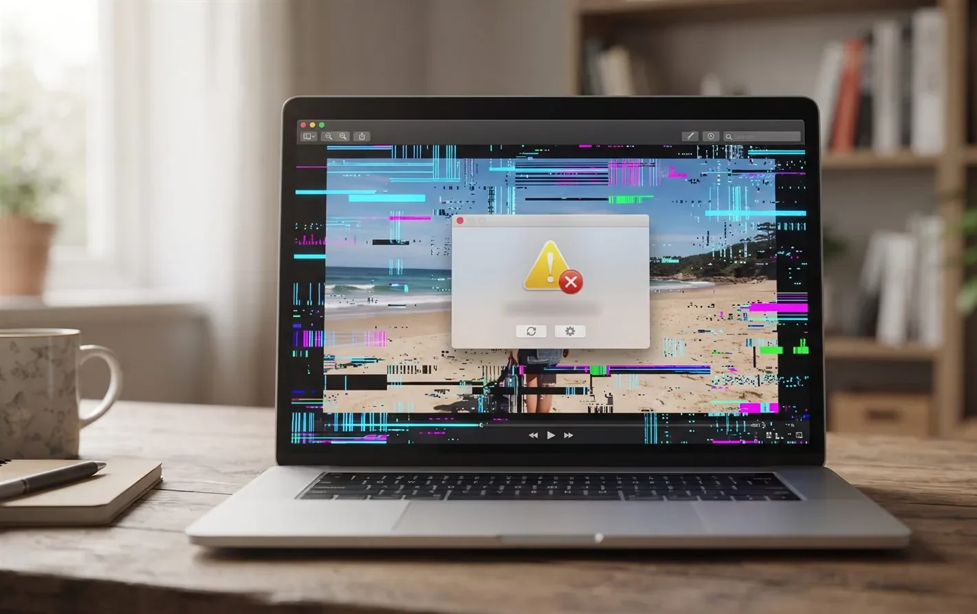 A laptop showing a video file with a playback error message