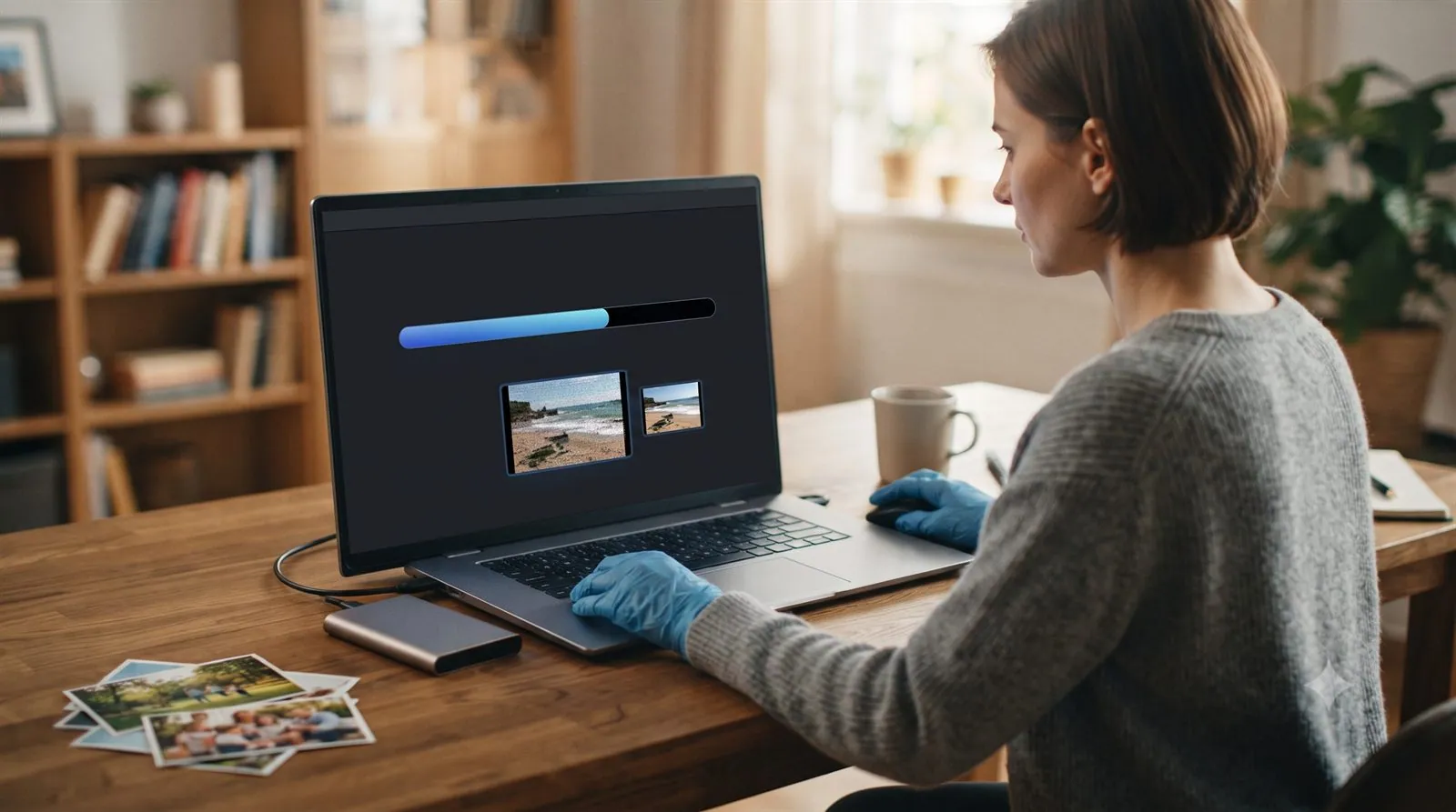 A person repairing a corrupted video file with repair software on a laptop