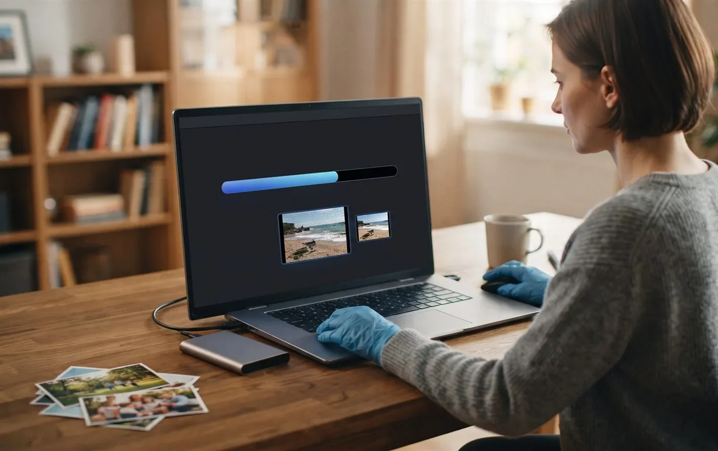 A person repairing a corrupted video file with repair software on a laptop