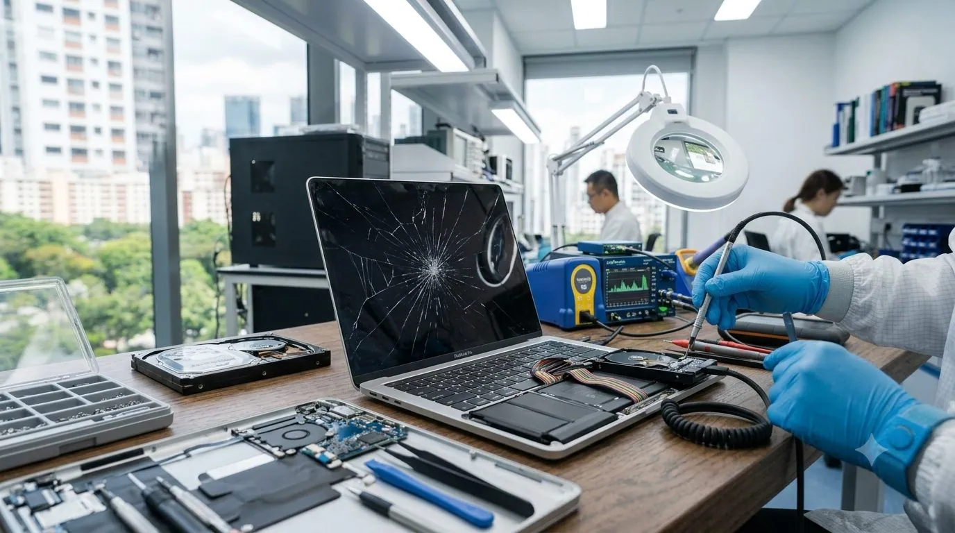 A damaged MacBook opened on a workbench for data recovery