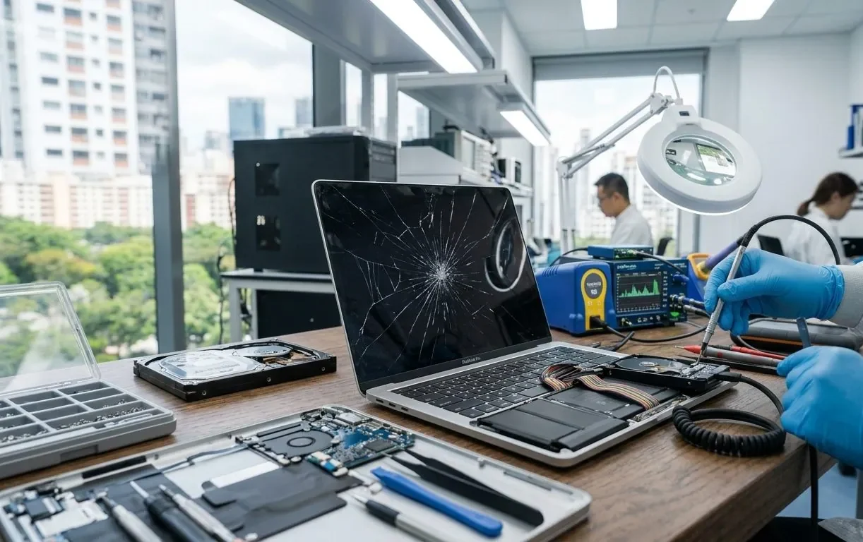 A damaged MacBook opened on a workbench for data recovery