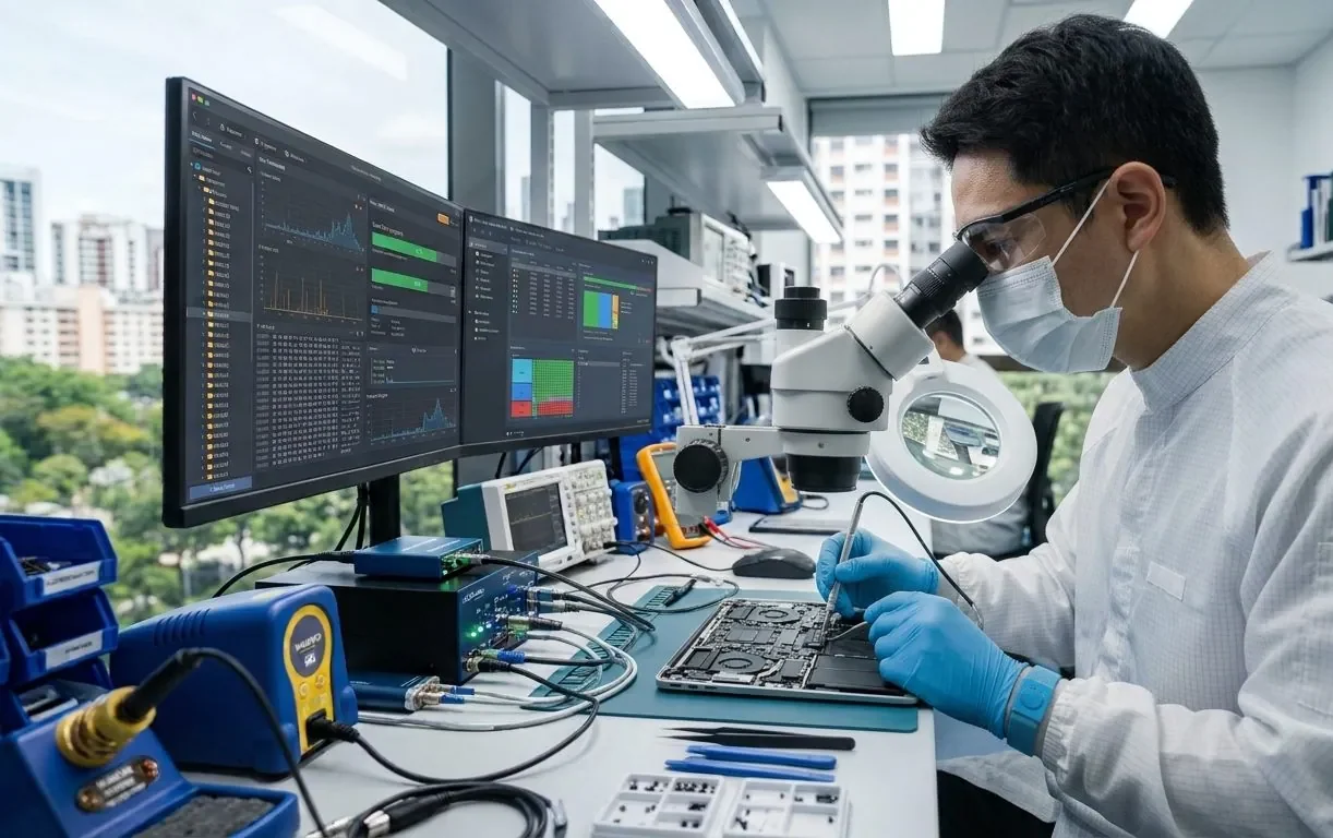 A data recovery engineer performing board-level work on a MacBook in a lab to read its storage