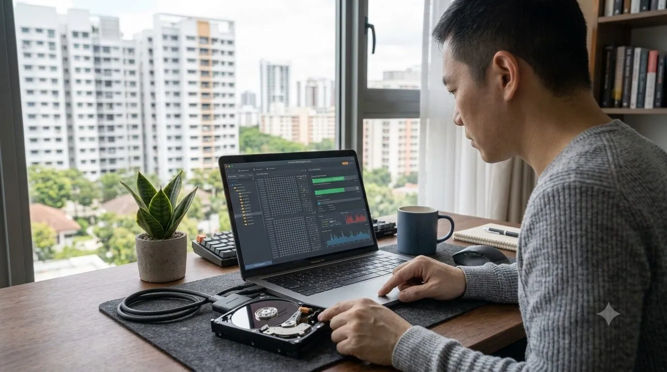 A person connecting a desktop hard drive to a laptop with a USB adapter