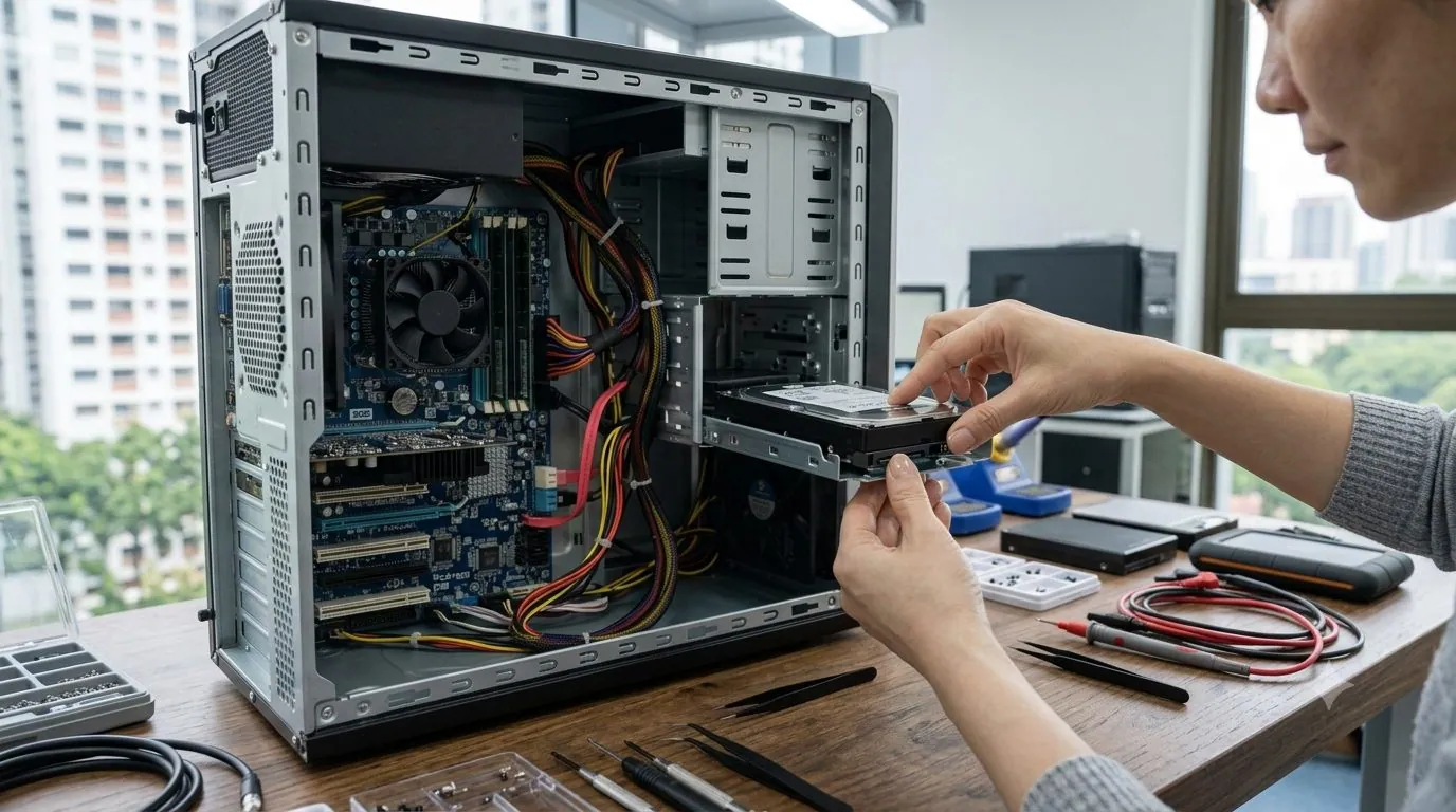 An open desktop computer case with the hard drive being removed