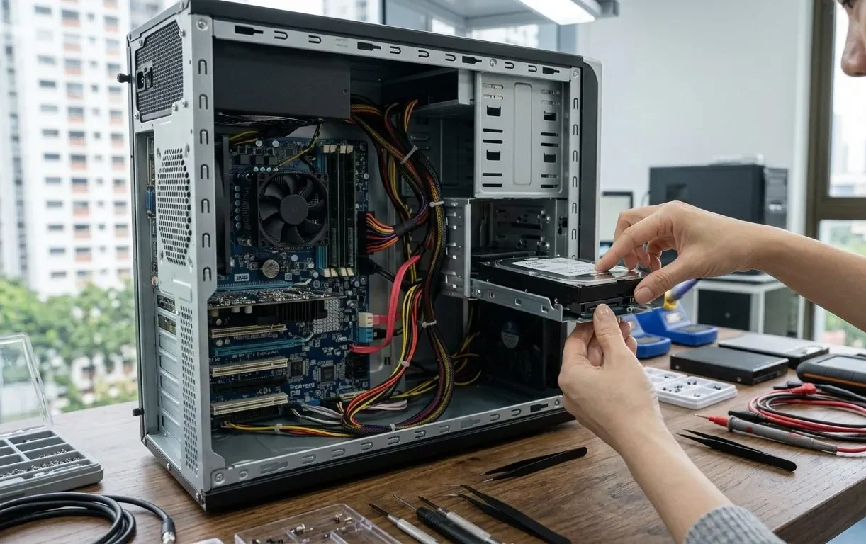 An open desktop computer case with the hard drive being removed