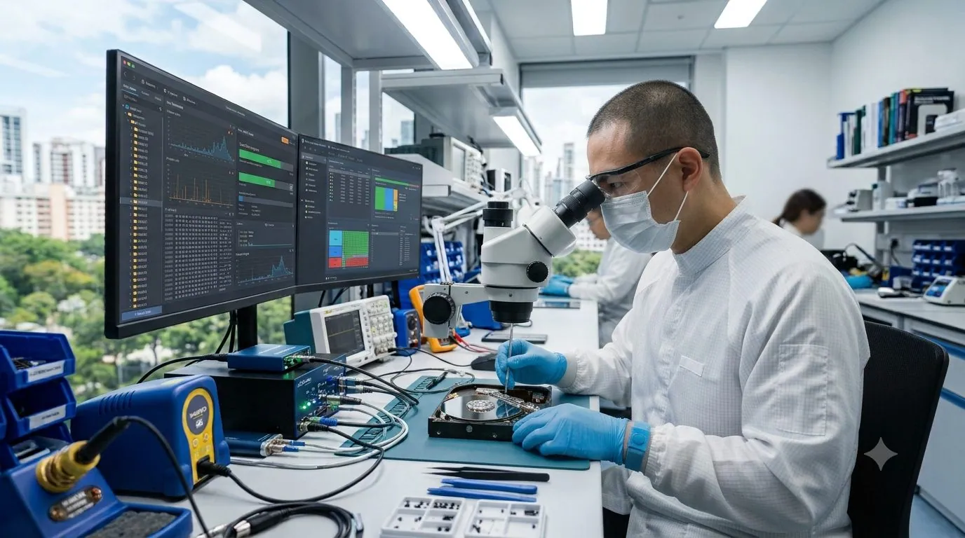A data recovery engineer working on a desktop hard drive in a lab