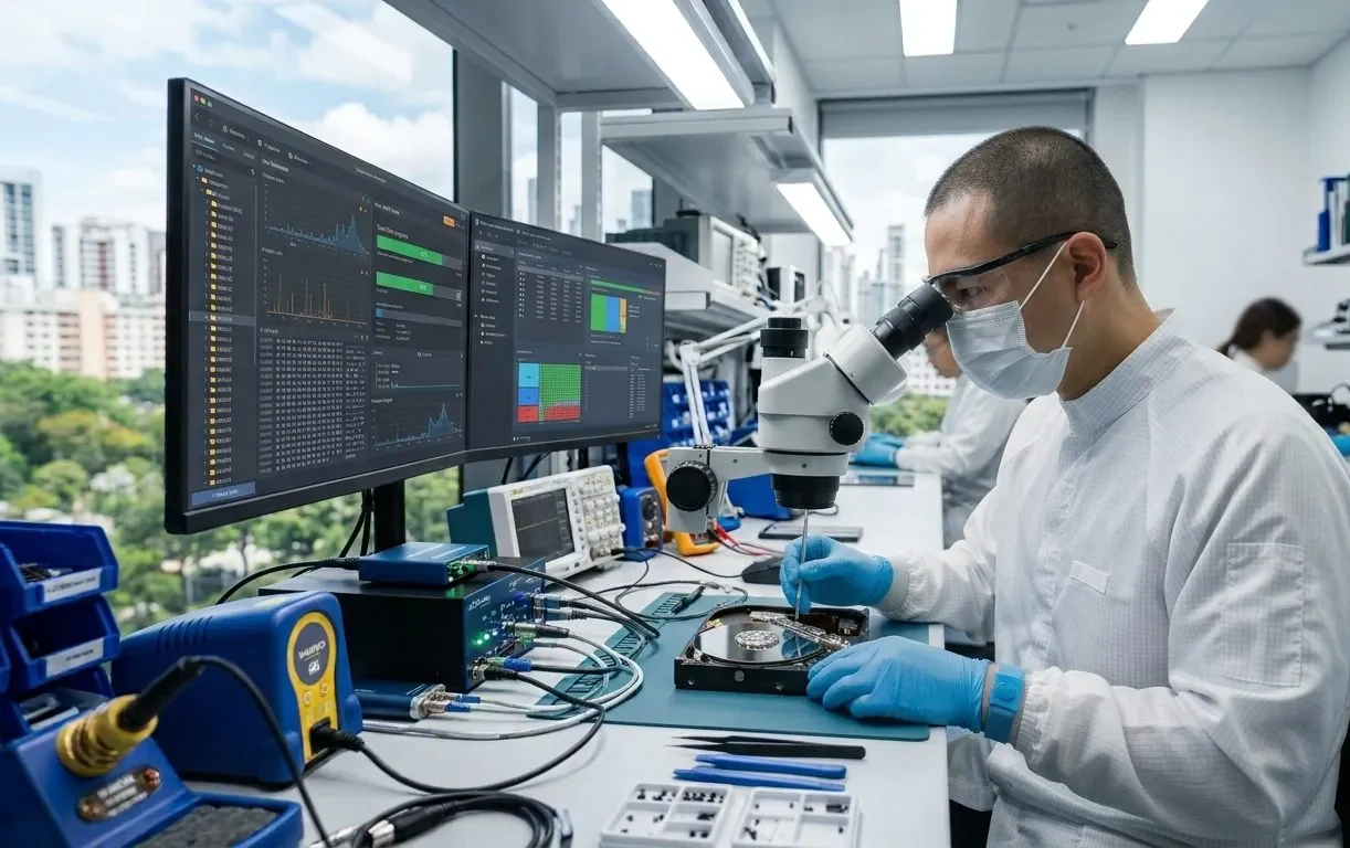 A data recovery engineer working on a desktop hard drive in a lab