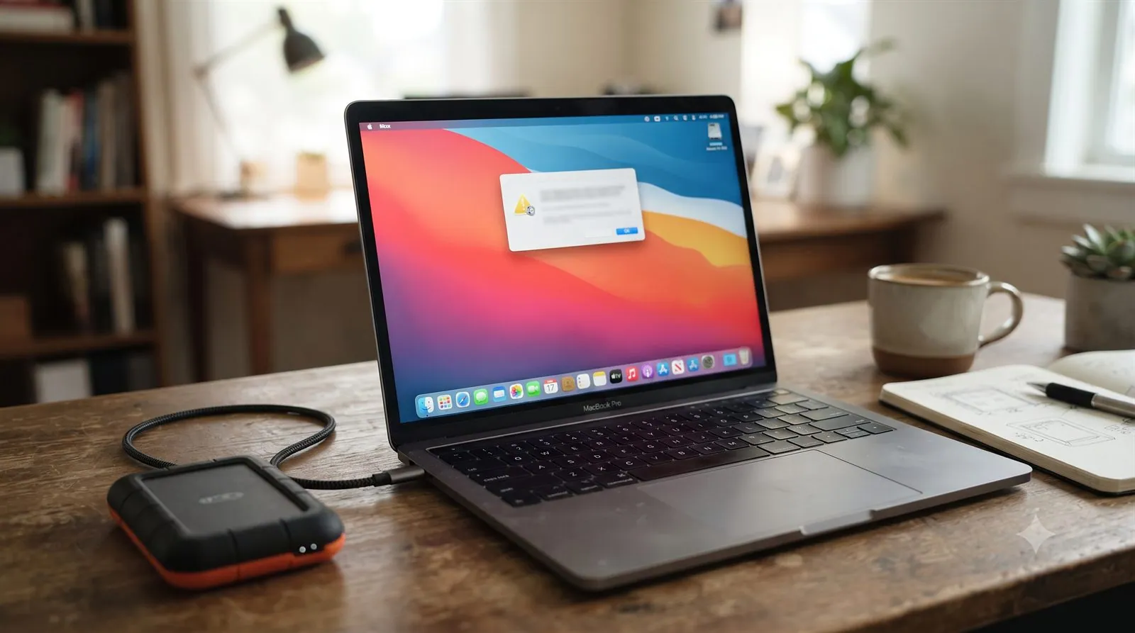 A laptop showing a "you need to format the disk" error for an external drive