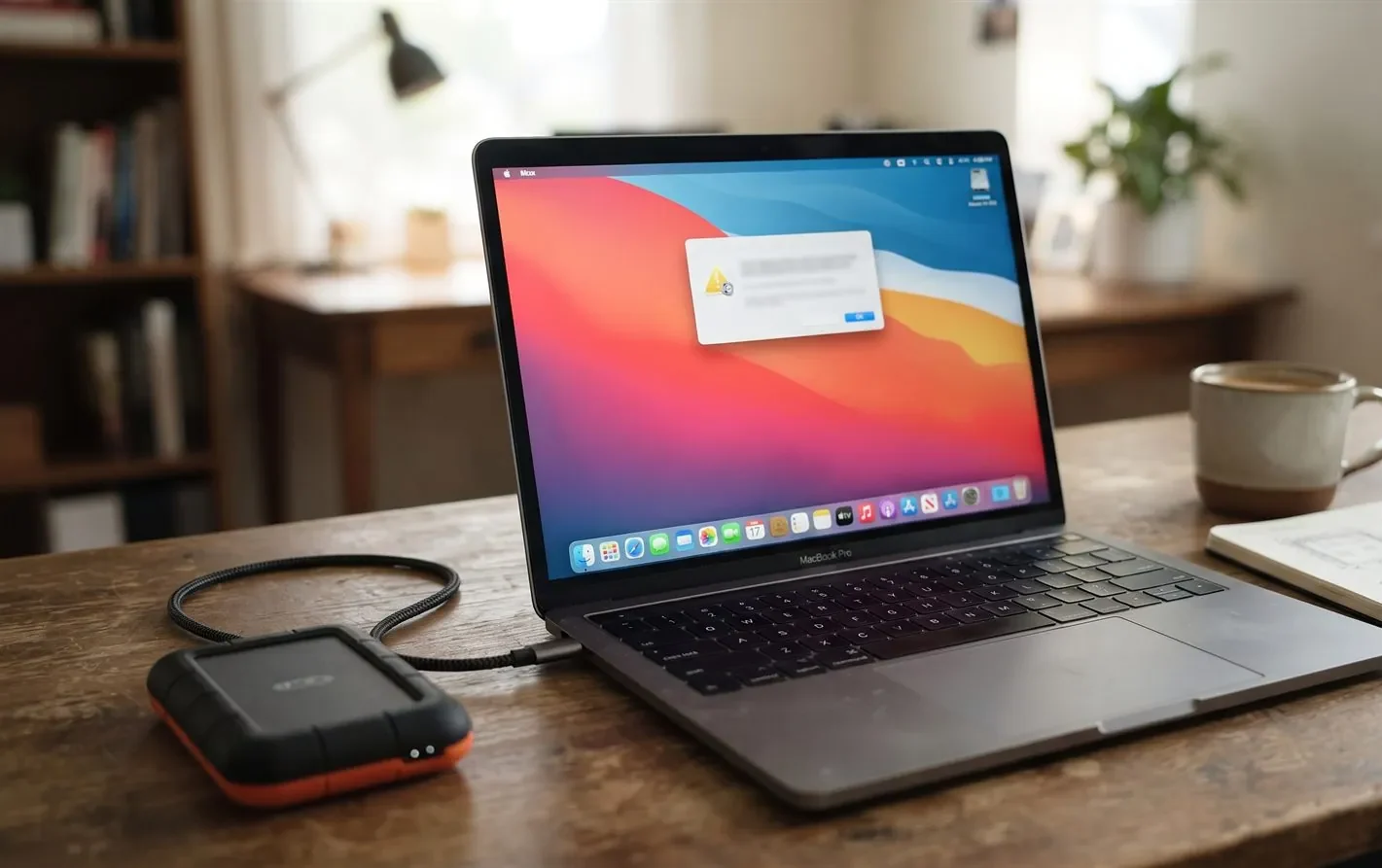 A laptop showing a "you need to format the disk" error for an external drive
