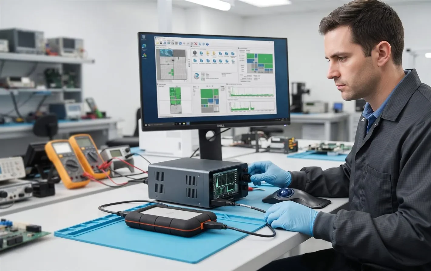 A data recovery engineer imaging an external drive in a lab