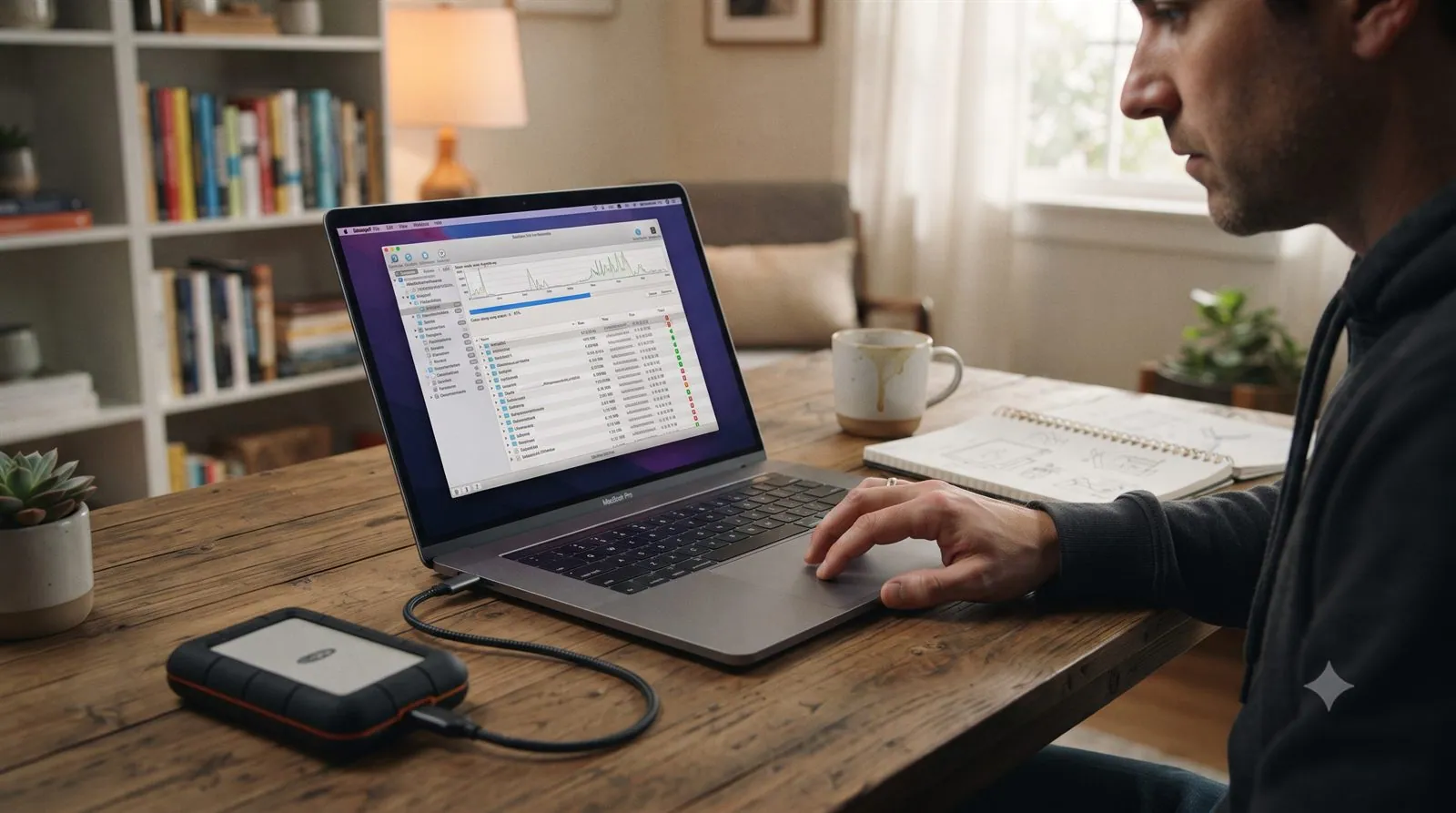 A person running recovery software to scan a RAW external drive on a laptop
