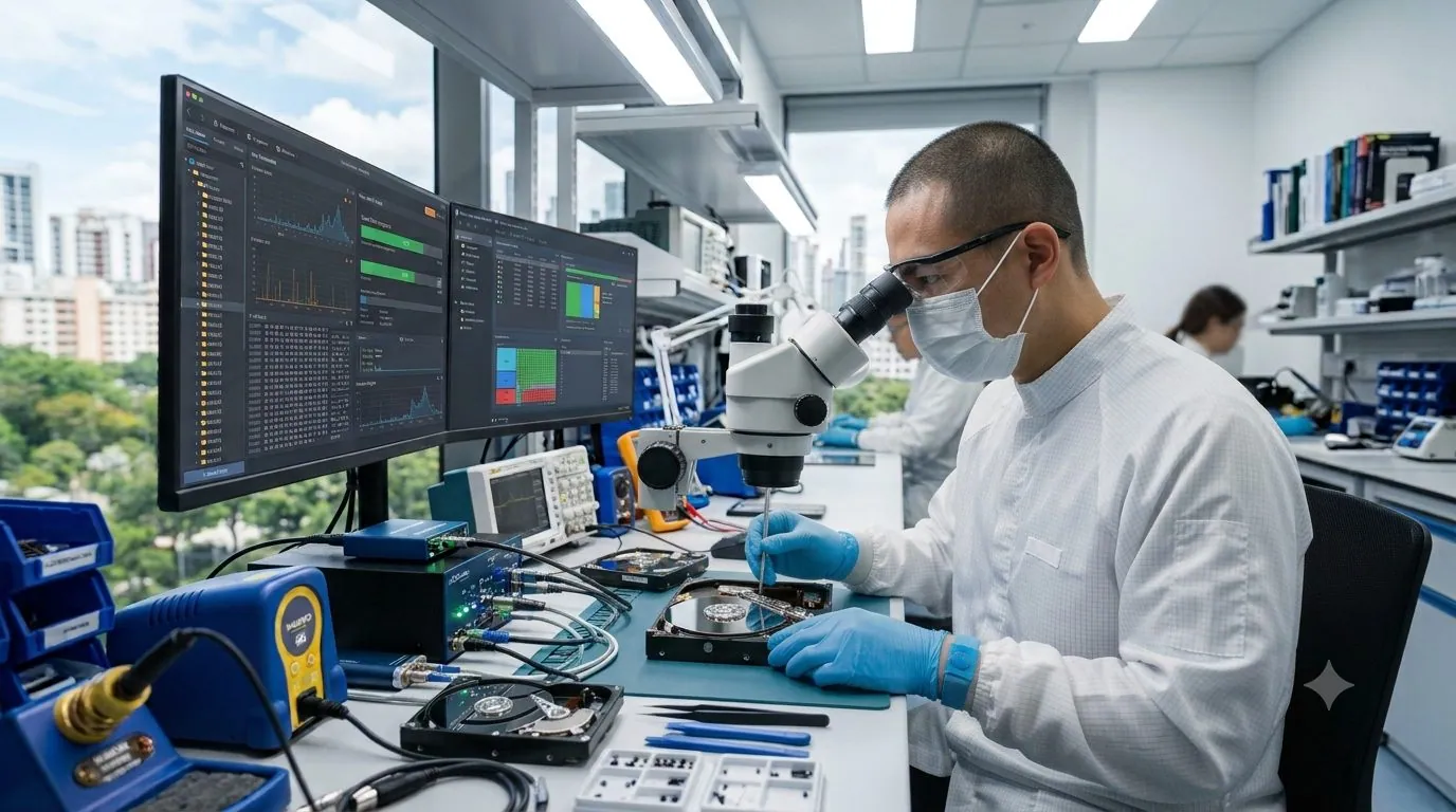 A data recovery engineer retrieving deleted files from a drive in a lab