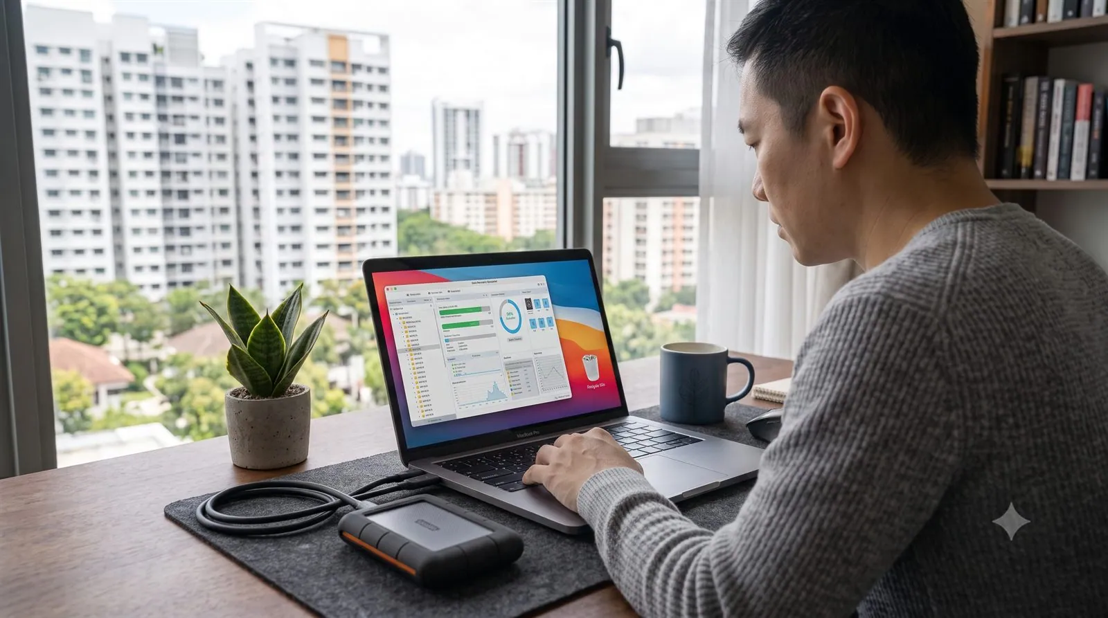 A person running recovery software on a laptop to scan for emptied files