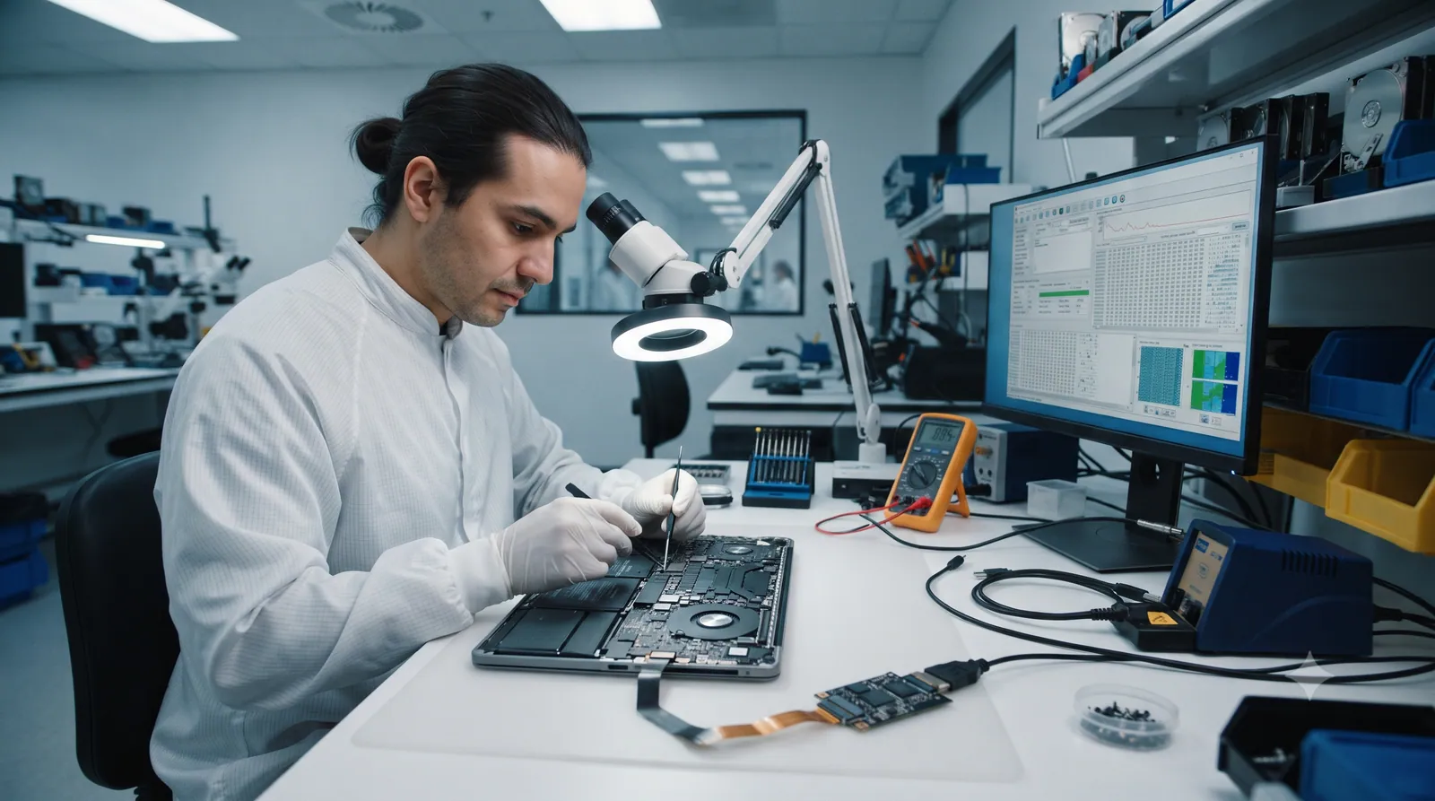 A data recovery engineer working on a Mac drive in a lab