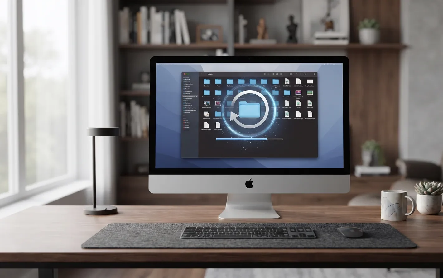 A Mac desktop showing a folder being restored