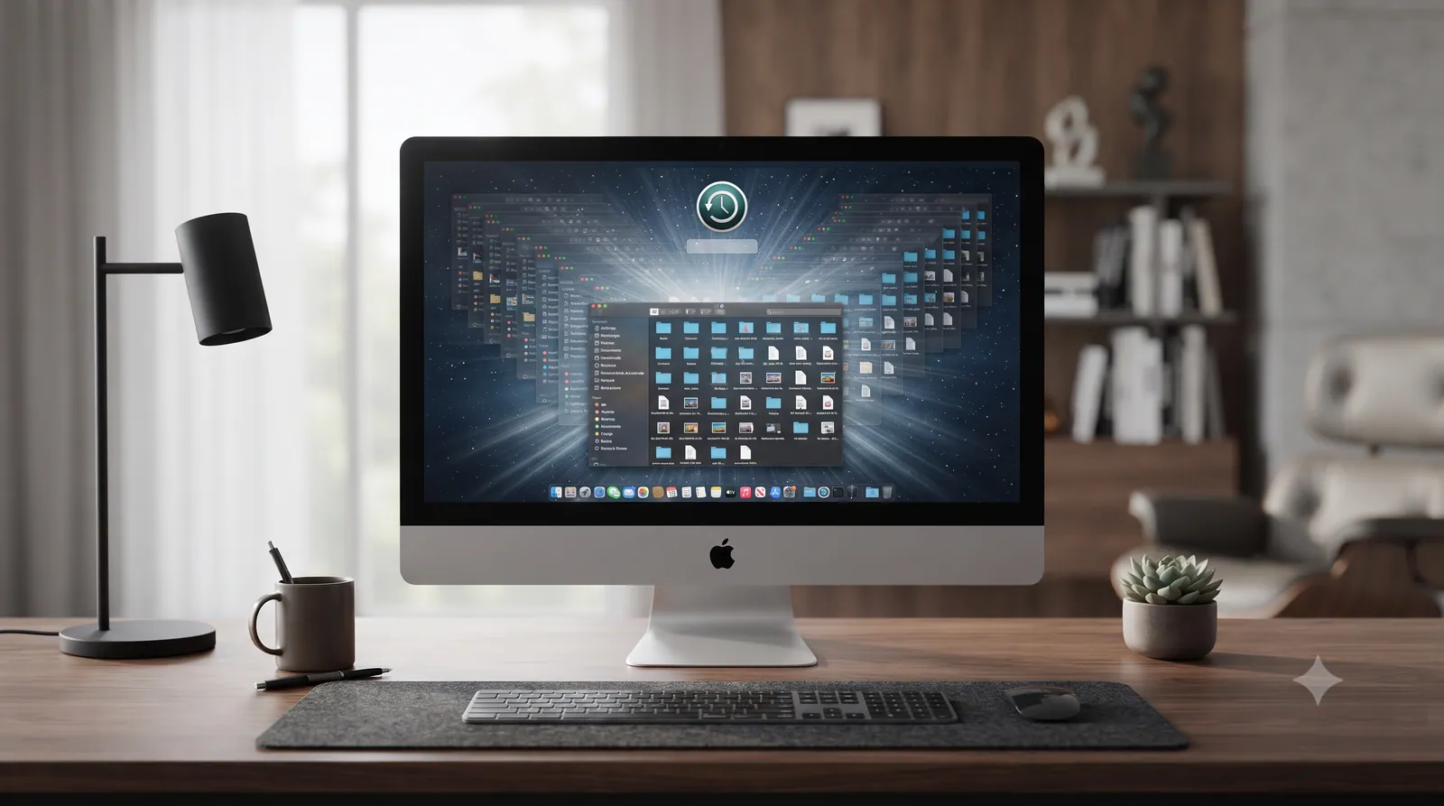 A Mac showing Time Machine restoring a folder from a backup